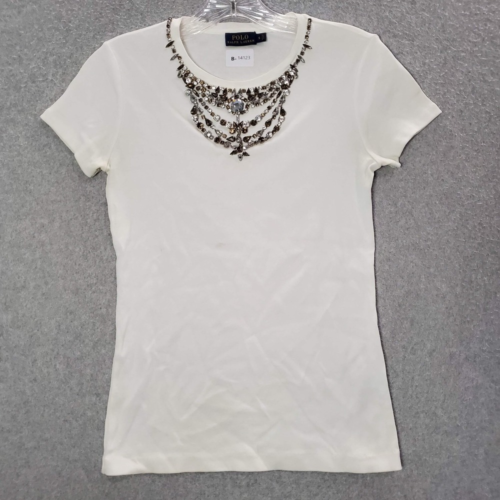 Polo Ralph Lauren Women Top Small White Shirt Rhinestones Short Sleeve Tee READ